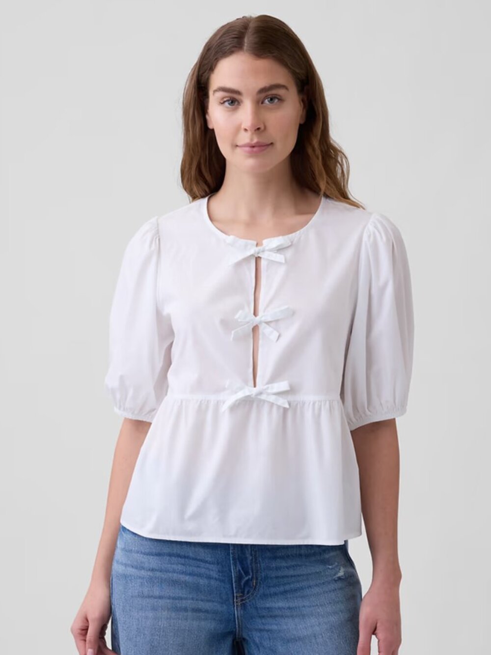 GAP White Peplum Bow-Tie Puff Sleeve Blouse